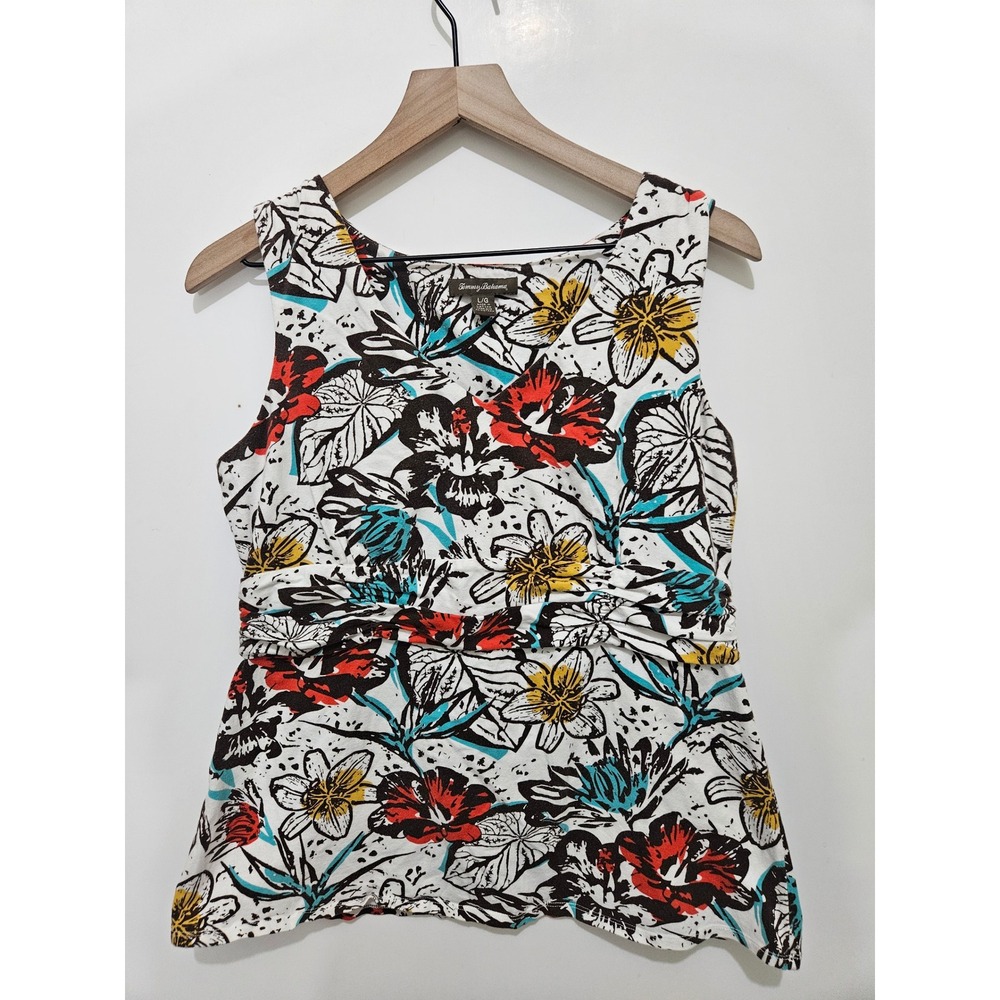 Tommy Bahama Womens Floral Supima‎ Cotton Sleeveless V-Neck Top Large White Red